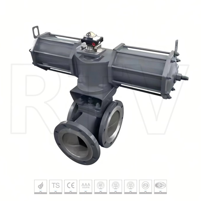 Pneumatic three-way plug valve